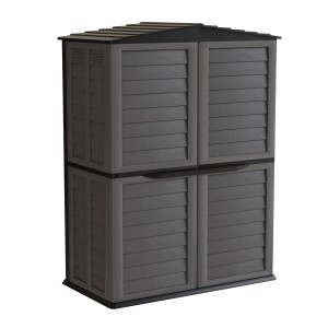 Casetta da giardino in plastica grigia con doppia porta per attrezzi e attrezzature da giardino.