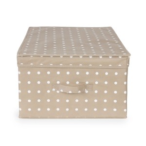 Organizzatore armadio beige a pois bianchi con coperchio.