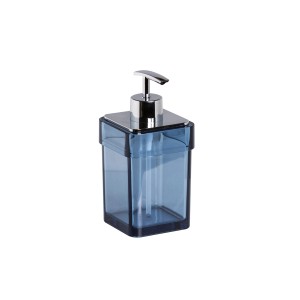 Dispenser sapone blu quadrato con pompa cromata.