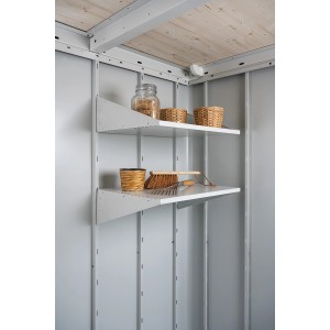 Ripiani Biohort per casetta Neo, confezione da 2, con attrezzi da giardino e barattolo sui ripiani.