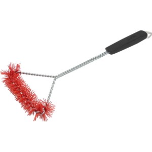 Spazzola per griglia Char-Broil Cool Clean 360° con setole rosse e manico nero.