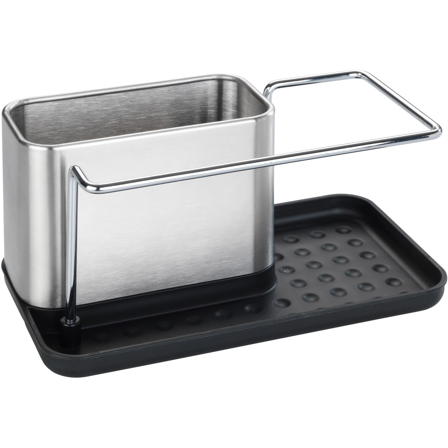 WENKO Orio organizer per lavello in acciaio inox con vaschetta raccogligocce nera.