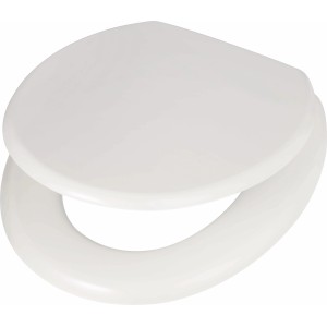Sedile WC Vipos bianco con anima in legno e cerniere in plastica resistenti.