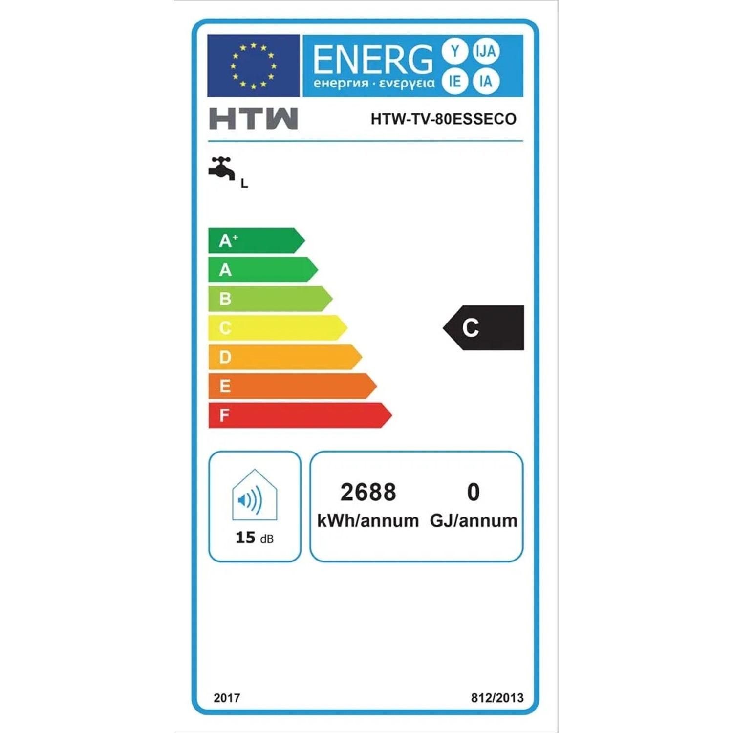 Etichetta energetica per scaldabagno t.b.t. con classe di efficienza C e dettagli sul consumo energetico.