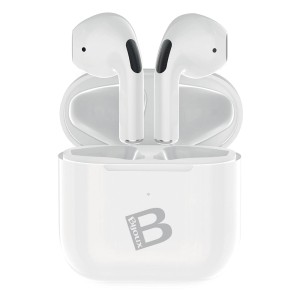Cuffie in-ear bianche t.b.t. con custodia di ricarica per interni auto.