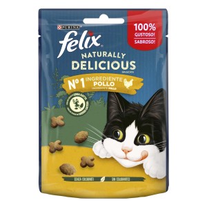 Felix Naturally Delicious snack per gatti con pollo, gustoso snack per gatti per ogni momento.