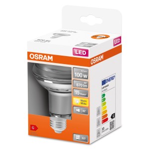 Lampada LED riflettente OSRAM E27, bianco caldo, 8,5W nella scatola.