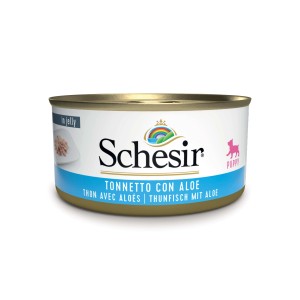 Lattina di cibo umido per cani Scheisir con tonno e aloe per cuccioli.