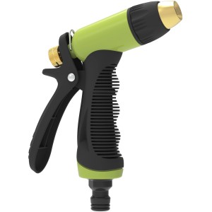 Pistola a spruzzo da giardino verde con impugnatura nera per irrigazione.
