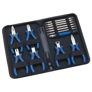 Set meccanico LUX Classic, 14 pezzi in custodia di pelle: pinze, cacciaviti e inserti per lavori di precisione.