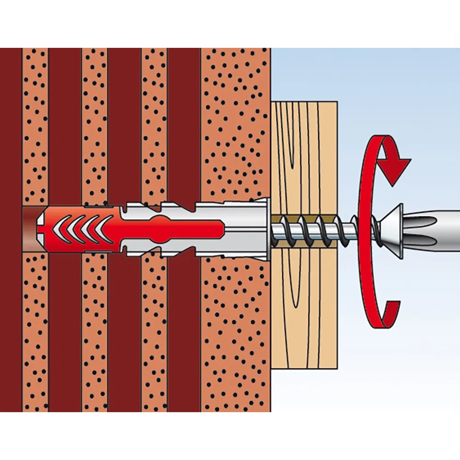 Illustrazione: Tassello Fischer Duopower 6x50 con vite in muratura e legno, rotazione rossa.