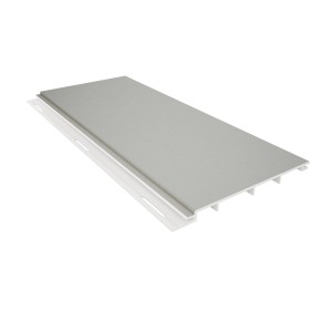 Rivestimento murale t.b.t., pannelli in plastica grigia con sottostruttura bianca.