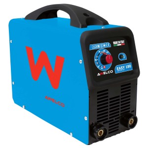 Saldatrice inverter Awelco Easy 180 blu con logo "W" rosso e maniglia per il trasporto.
