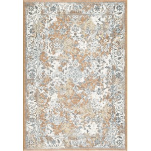 Tappeto moderno con motivo floreale in beige, marrone e grigio.