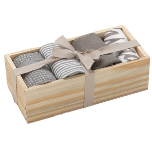 Set di strofinacci t.b.t. in scatola di legno con nastro, vari motivi.