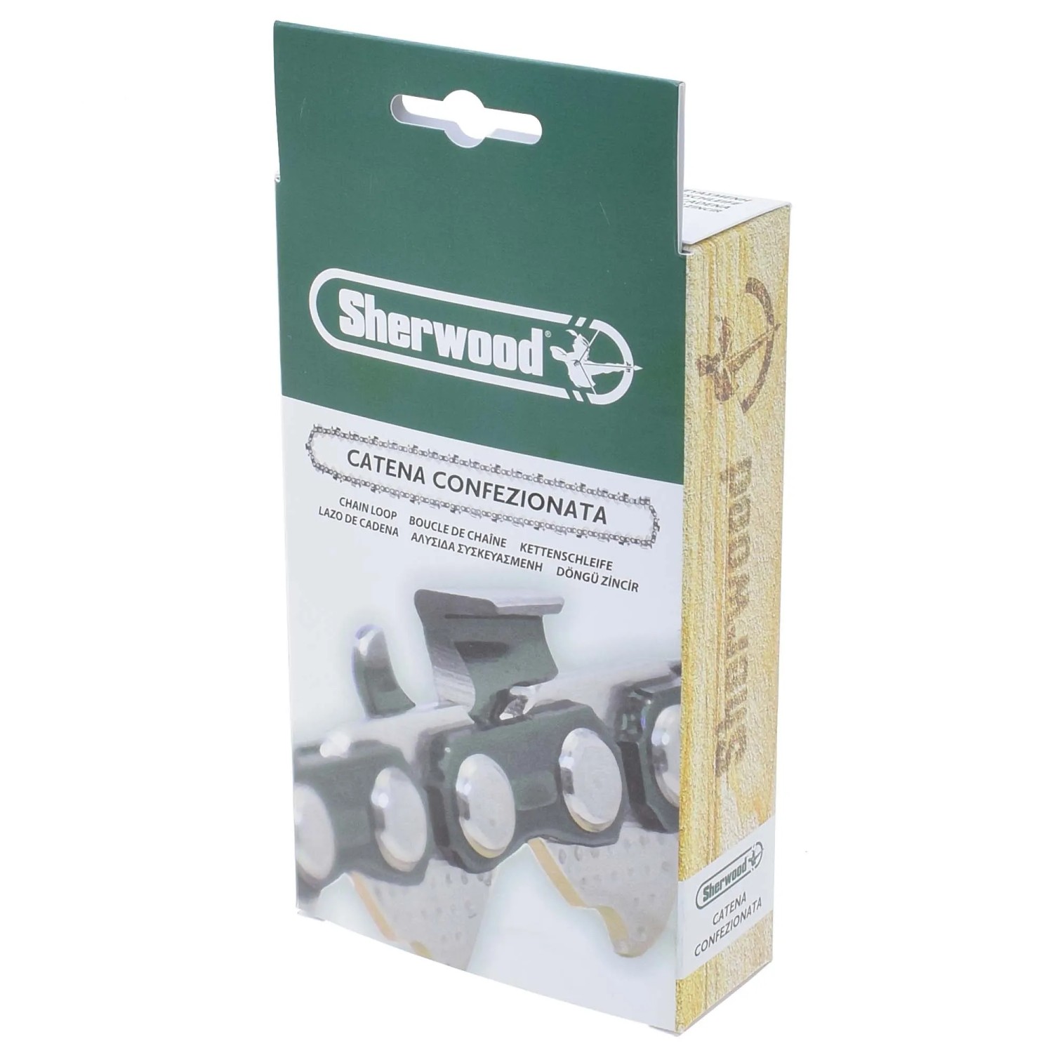 Catena Sherwood, accessorio per motoseghe, confezionata in scatola di cartone stampata.