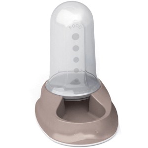 Distributore di cibo per gatti t.b.t., beige con contenitore trasparente.