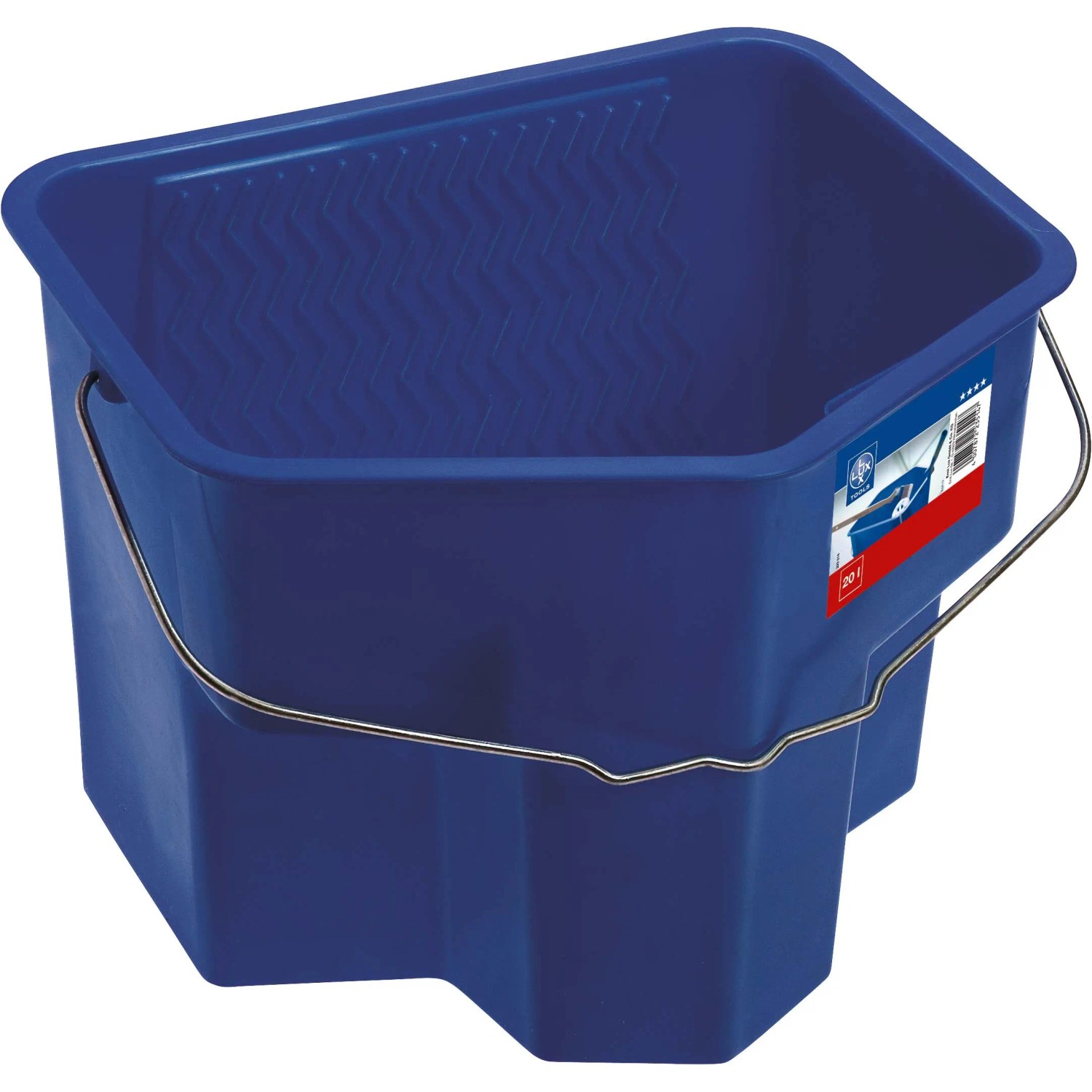 Secchio per pittura LUX Comfort blu, 20 l, con raschietto e manico in filo metallico.