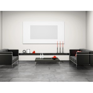 Piastrelle per pavimenti grigie in soggiorno con divani neri e decorazioni.