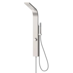 Pannello doccia t.b.t. con soffione e doccetta, ideale per bagni moderni.