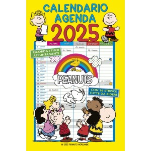 Calendario da parete 2025 con Peanuts, sfondo giallo. Decorazione per la cameretta.