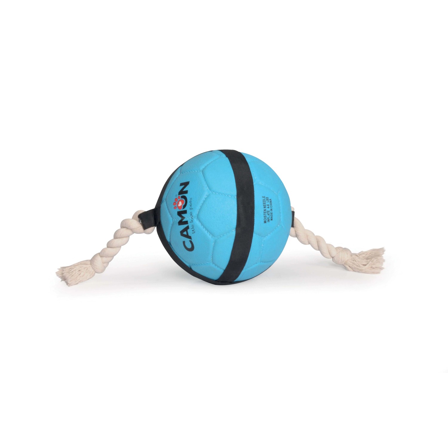 Palla da gioco blu Camon con corda per cani, un giocattolo resistente da masticare e riportare.