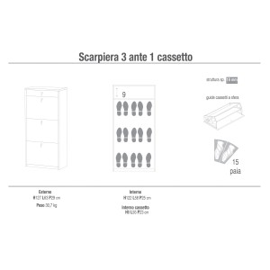 Disegno tecnico scarpiera a ribalta con 3 scomparti e cassetto, misure e dettagli.