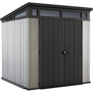 Casetta da giardino in plastica Keter, 4,67 m², nero-grigio, con doppia porta e lucernari.