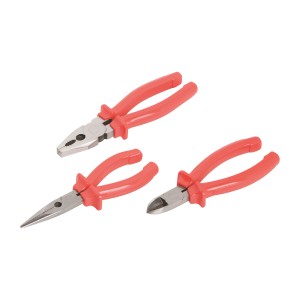Set pinze Ellix, 3 pezzi: pinza combinata, tronchese laterale, pinza a becchi con manici rossi.