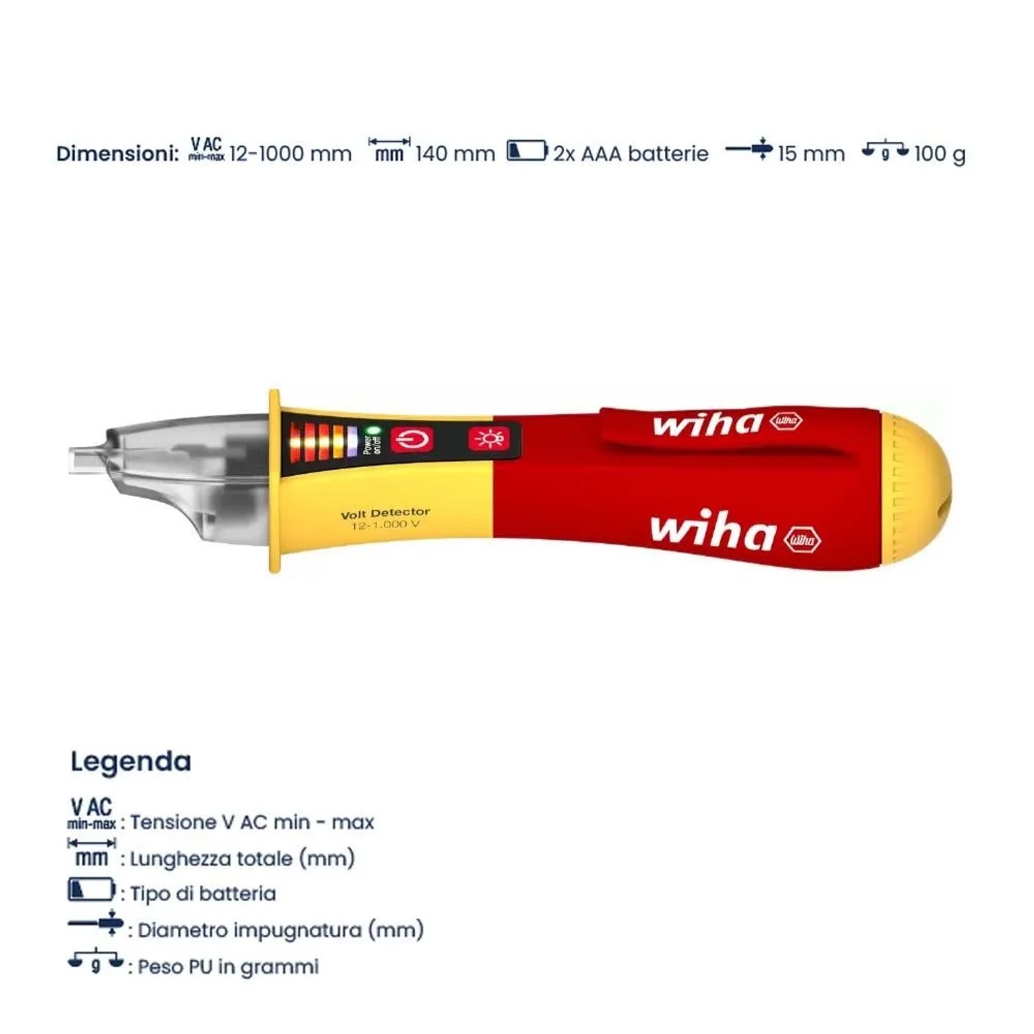 Wiha Volt Detector, tester di tensione senza contatto, rosso-giallo, con LED e torcia. Misura 12-1.000 V AC.