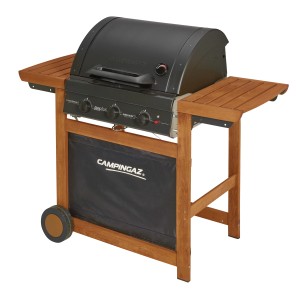 Barbecue a gas Campingaz con struttura in legno e ripiani. Ideale per il barbecue.