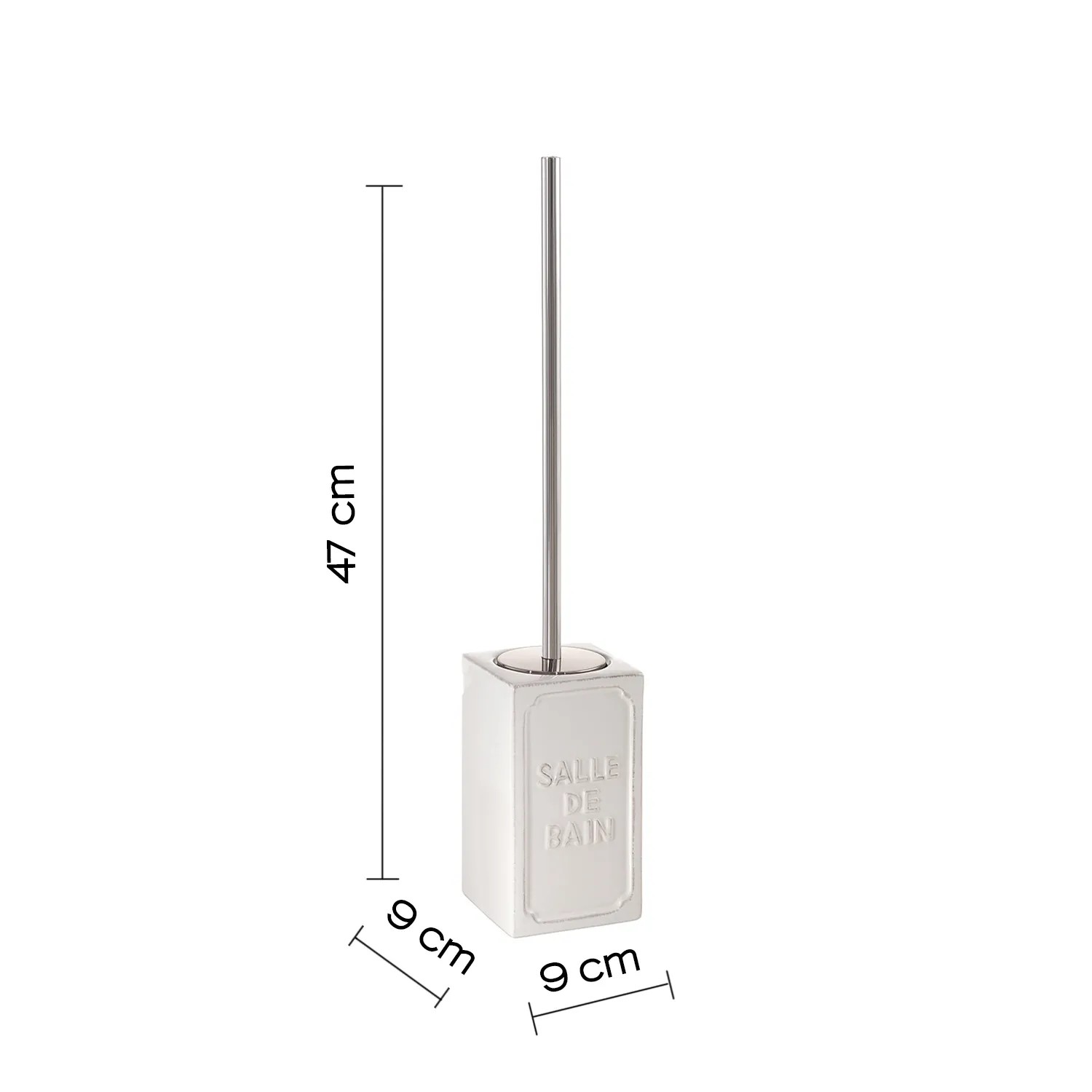 Set scopino WC bianco con scritta "Salle de Bain", dimensioni: 47x9x9 cm.