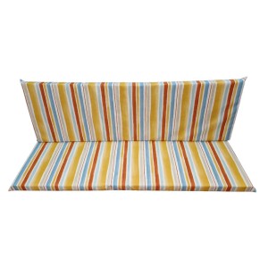 Cuscino per panca t.b.t. Dondoli con motivo a righe in giallo, blu e arancione.