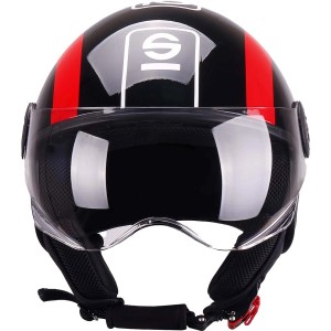 Casco da moto nero con striscia rossa e visiera per una maggiore sicurezza durante la guida.