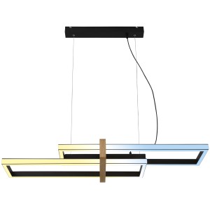 Moderna lampada a sospensione LED t.b.t. con elementi rettangolari e dettaglio in legno.
