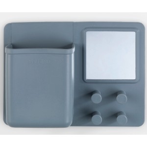 Wenko Organizer Ampio grigio con specchio e 4 ganci in silicone per accessori bagno.