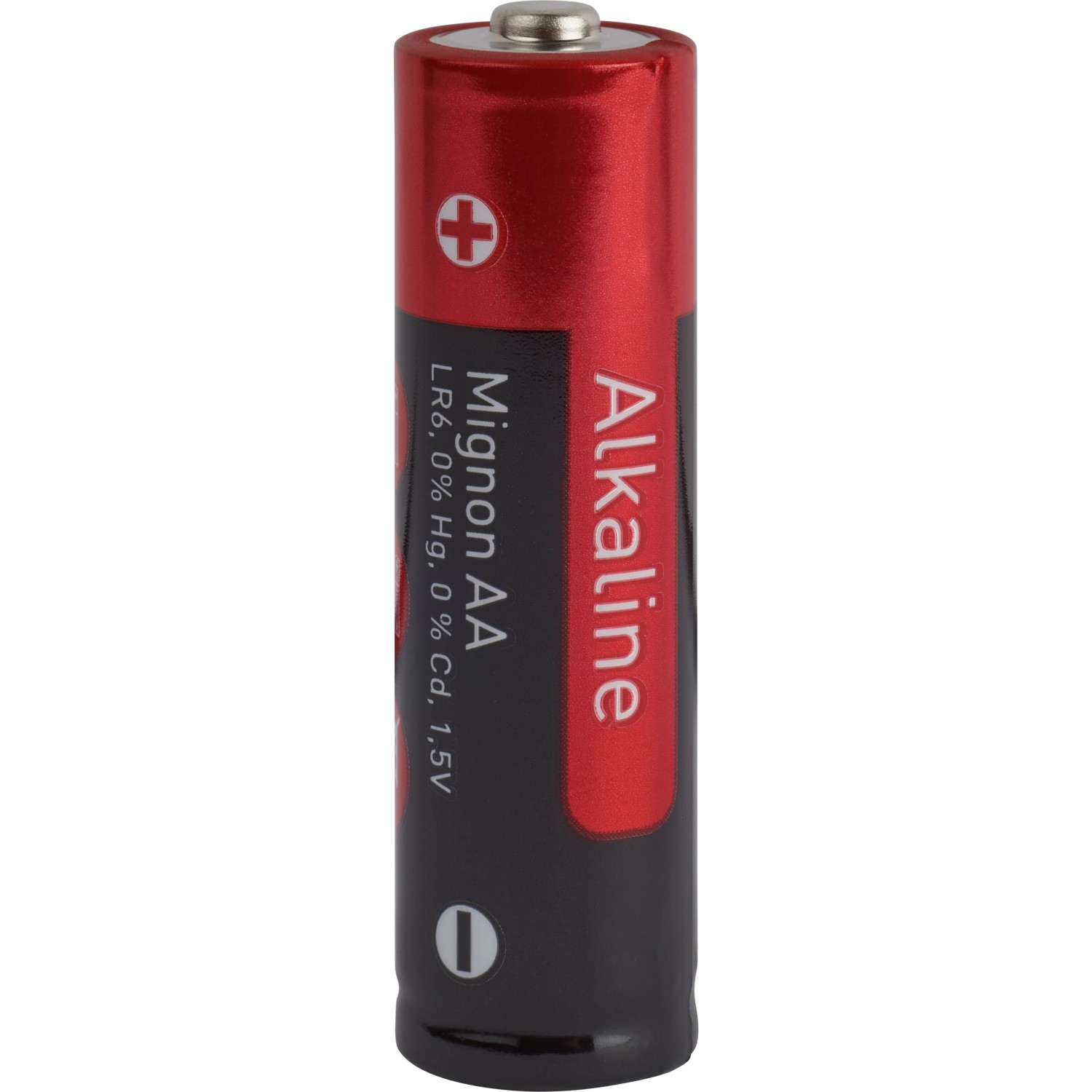Batteria alcalina AA rossa e nera per dispositivi come telecomandi.