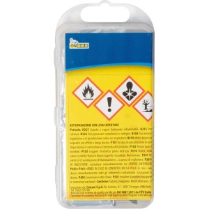 Kit riparazione bici t.b.t. in contenitore di plastica trasparente.