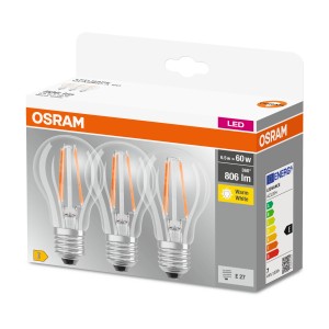 Set 3 lampadine LED Osram E27 a filamento, 6,5W, luce bianca calda.