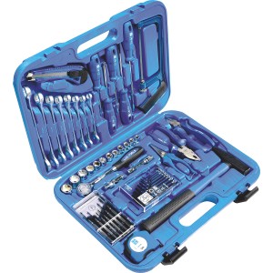 Valigetta attrezzi LUX Classic WZK-54 A blu aperta con assortimento di utensili.