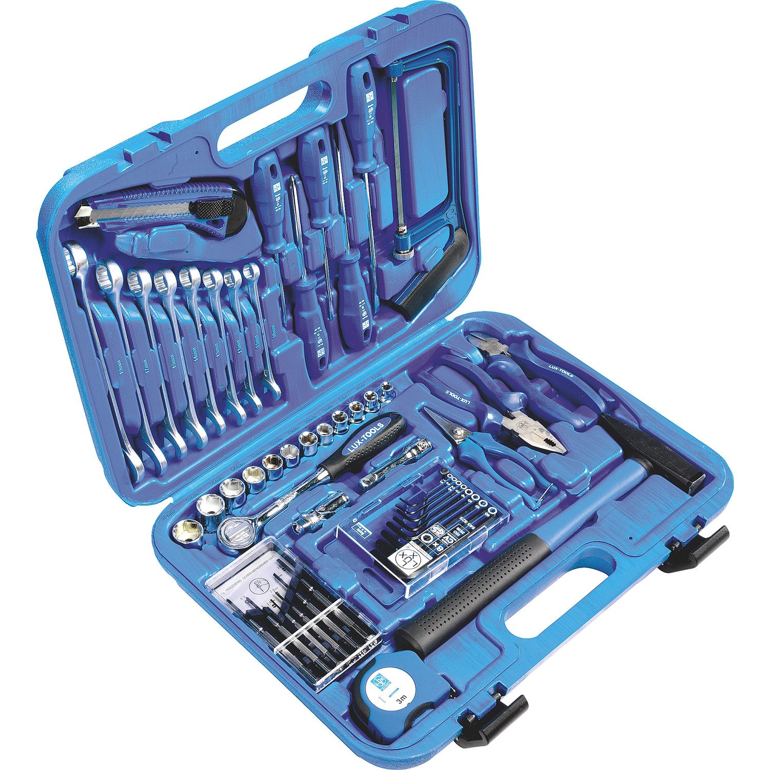 Valigetta attrezzi LUX Classic WZK-54 A blu aperta con assortimento di utensili.