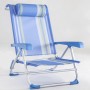 Lettino da spiaggia blu a righe con cuscino. Ideale per l'estate.
