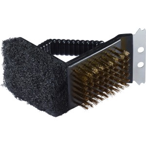 Spazzola per griglia 3 in 1 con setole in ottone, spugna e raschietto per la pulizia.