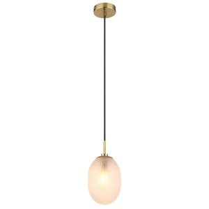 Elegante lampada a sospensione t.b.t. con paralume ovale e dettagli dorati.