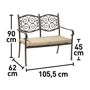 Panca da giardino in alluminio Mansura con cuscini beige, 90x62x105,5 cm. Panca decorativa per balcone e terrazza.