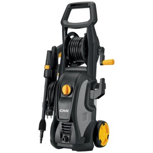 Idropulitrice CMI, nero/giallo, con avvolgitubo e accessori.