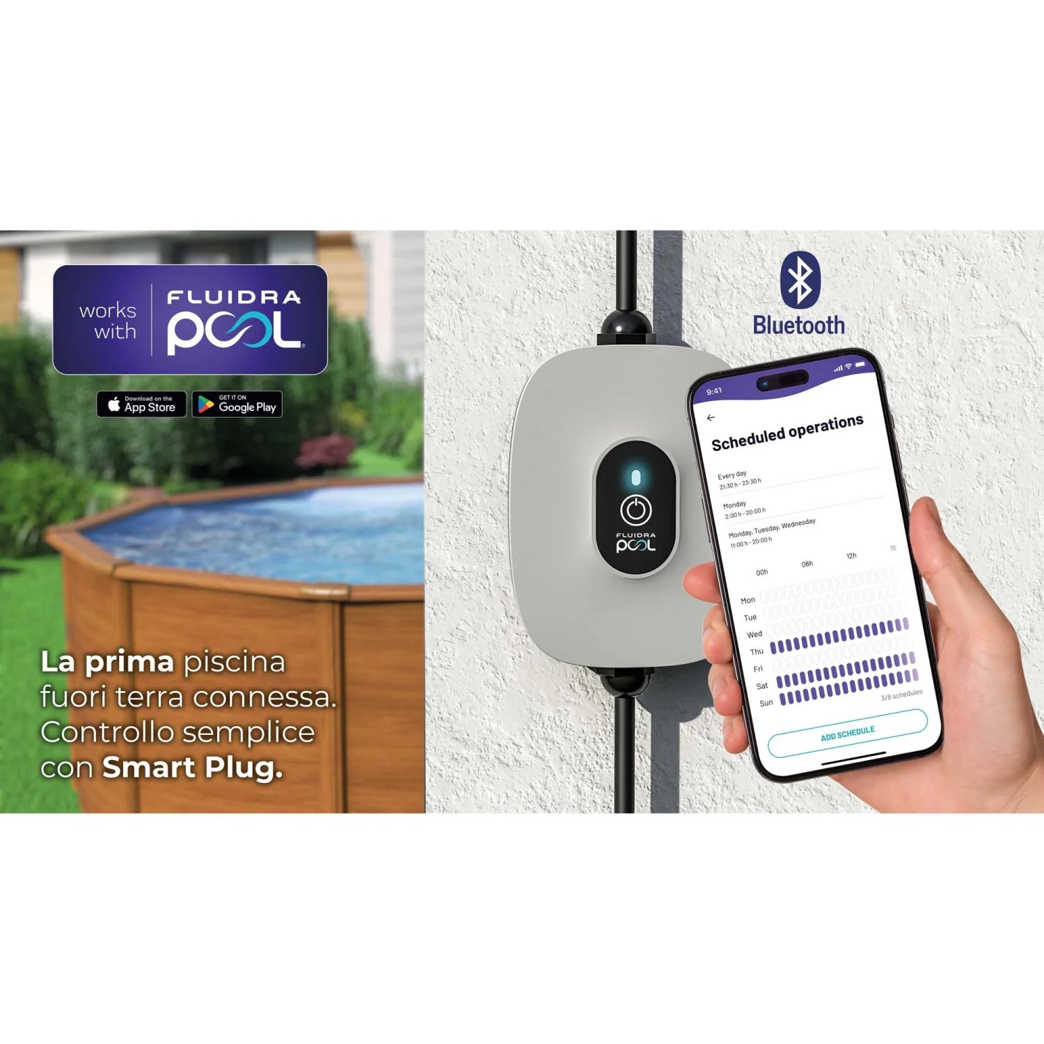 Piscina Gre Mauritius ovale fuori terra effetto legno, controllata via app e Bluetooth con Smart Plug.