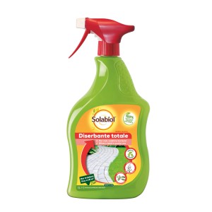 Diserbante totale Solabiol in flacone spray verde con erogatore rosso.