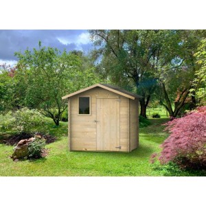 Casetta in legno Ortensia 198x130 cm in abete chiaro nel giardino. Con porta singola, finestra e tetto scuro. Ideale per attrezzi.