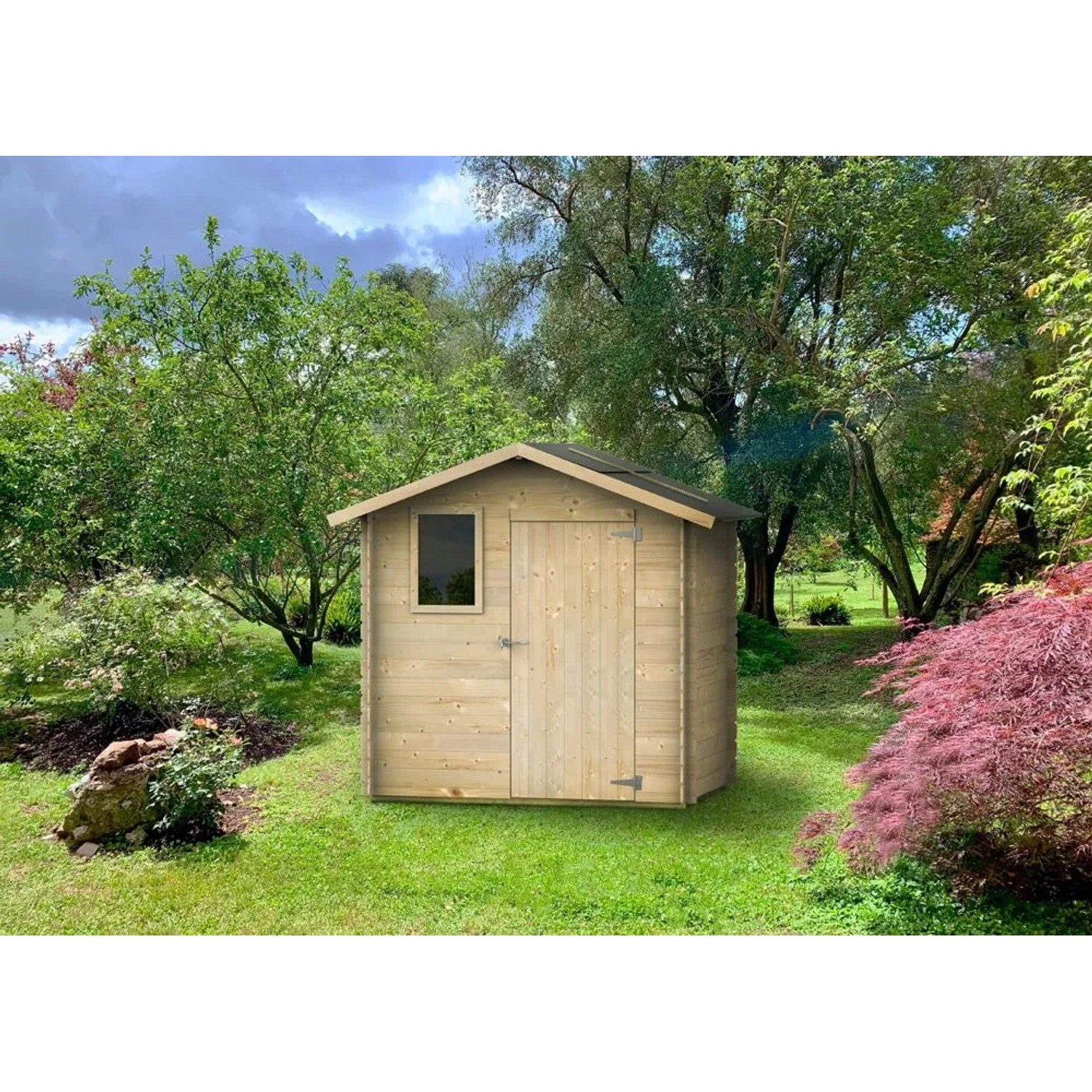 Casetta in legno Ortensia 198x130 cm in abete chiaro nel giardino. Con porta singola, finestra e tetto scuro. Ideale per attrezzi.